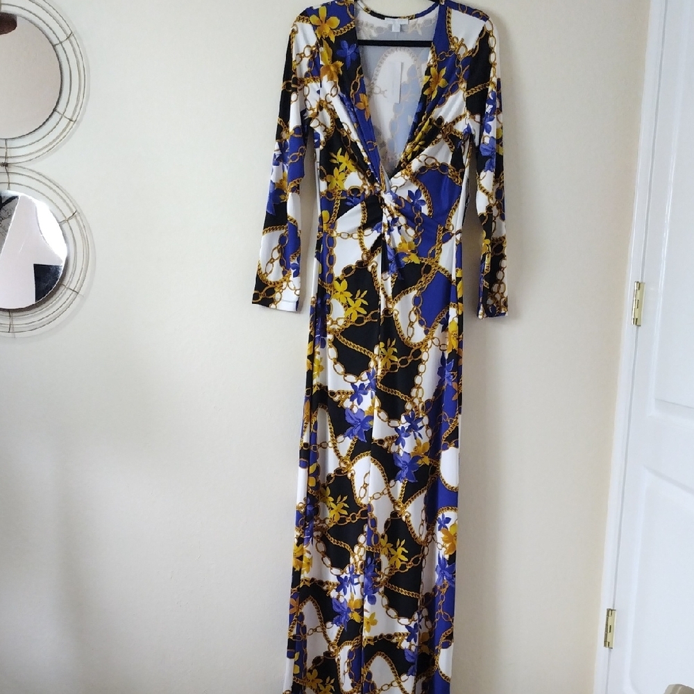 New York & Company Yellow Blue Long Sleeve Jumpsuit